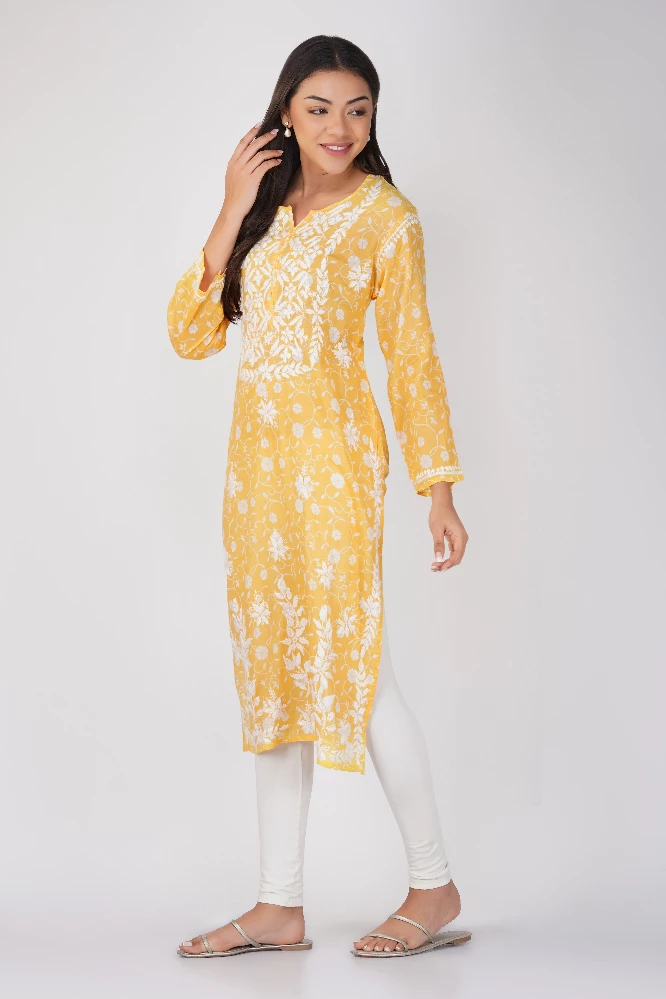 Yellow Malmal Cotton Chikankari Kurti-2.webp